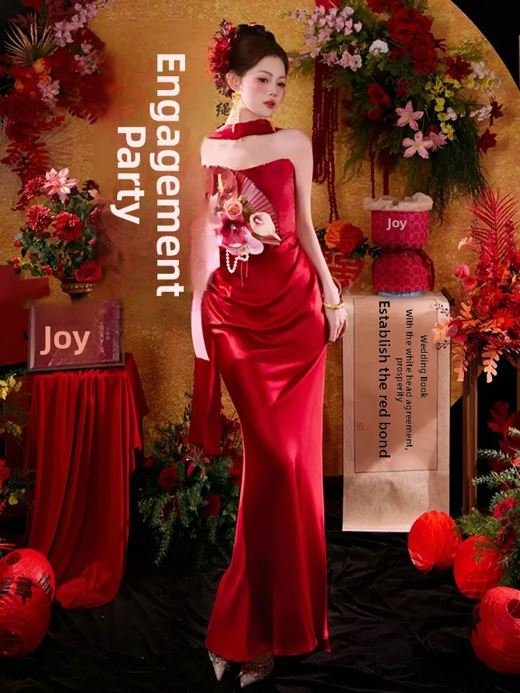 

Красное свадебное платье с кружевными вставками, винтажное, длинное вечернее платье для свадьбы, помолвки, выступлений