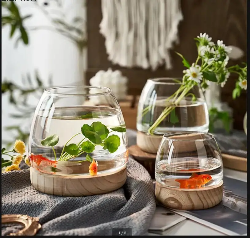Wooden Base Glass Vase Transparent Hydroponic Fish Flowerpot Tabletop Vases Decorations Flower Arrangement Ornament