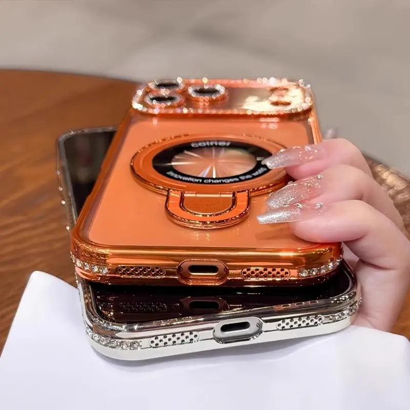 R53C Glitter Mirror Shockproof Case with 360 Rotatable Stand Stylish Functional Case for Phone 17