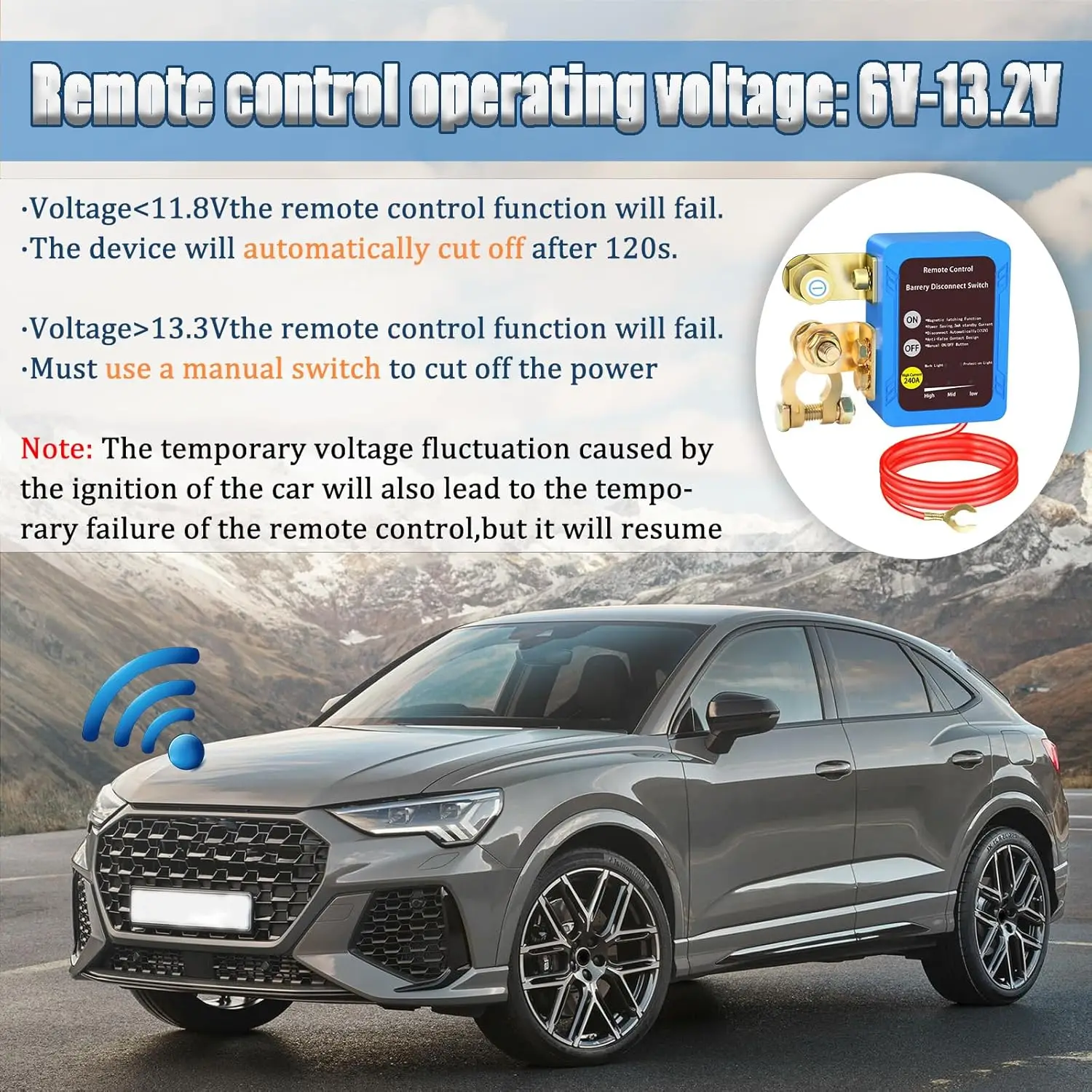 High Installation Remote Battery Disconnect Switch 12v, 240A, Upgrade Smart Voltage Car Kill Switch Anti-Theft, Prevent Battery