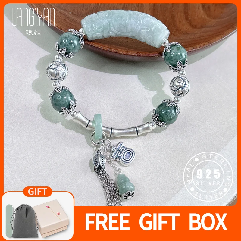 

Langyan Natural Emerald Elbow Bracelet Chinese Style 925 Sterling Silver Beaded Charms Bracelets Handmade Jewelry Gift SL220
