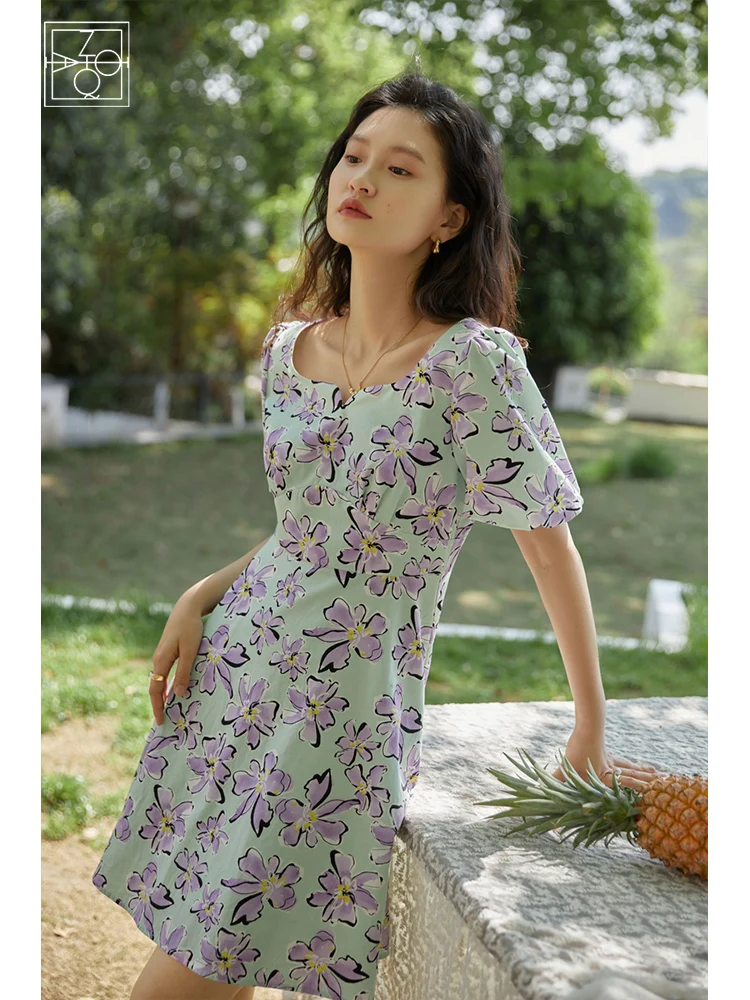 ZIQIAO 2022 Summer New French Square Neck Floral Dress Women Waist Art High-end Tea Break Elegant Vintage Mini Skirts Female