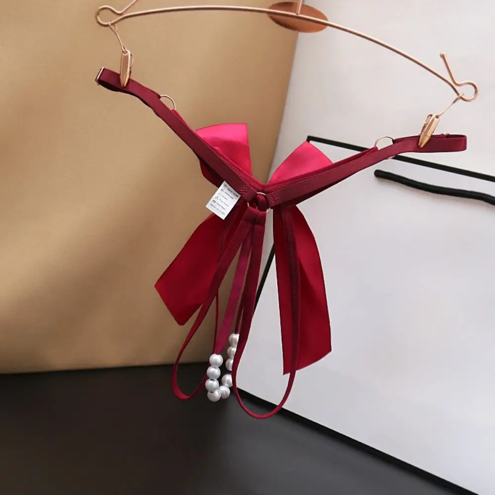 

Underpants Solid Color Sexy Hollow Out Thongs Bow Nylon Lace G-String Low-Waist Pearl Women's Briefs Daily