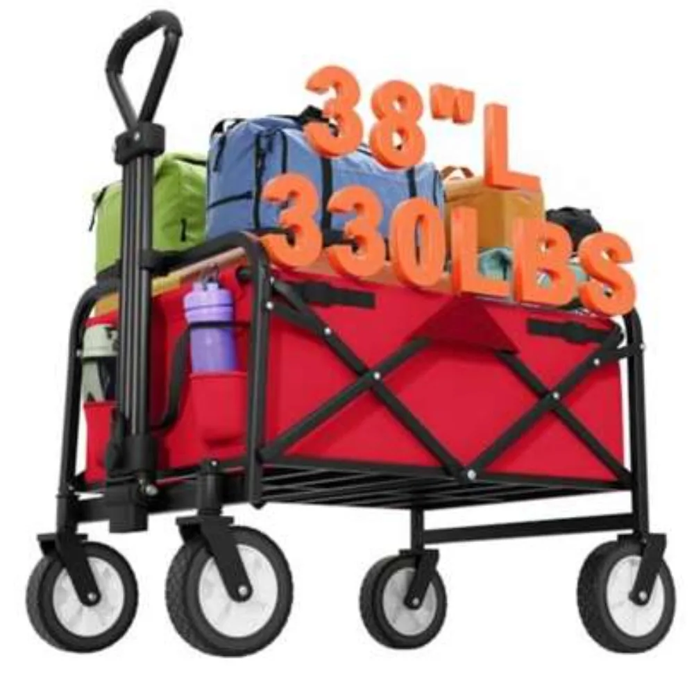 Collapsible Wagon Cart Red Heavy Duty Foldable Utility Shopping Garden Cart with 330 Lb Capacity All Terrain Wheels Adjustable Handle Large Storage Cargo Carrier for Outdoor Camping Beach Picnic Grocery Lawn Yard Sports Gear Moving Hauling