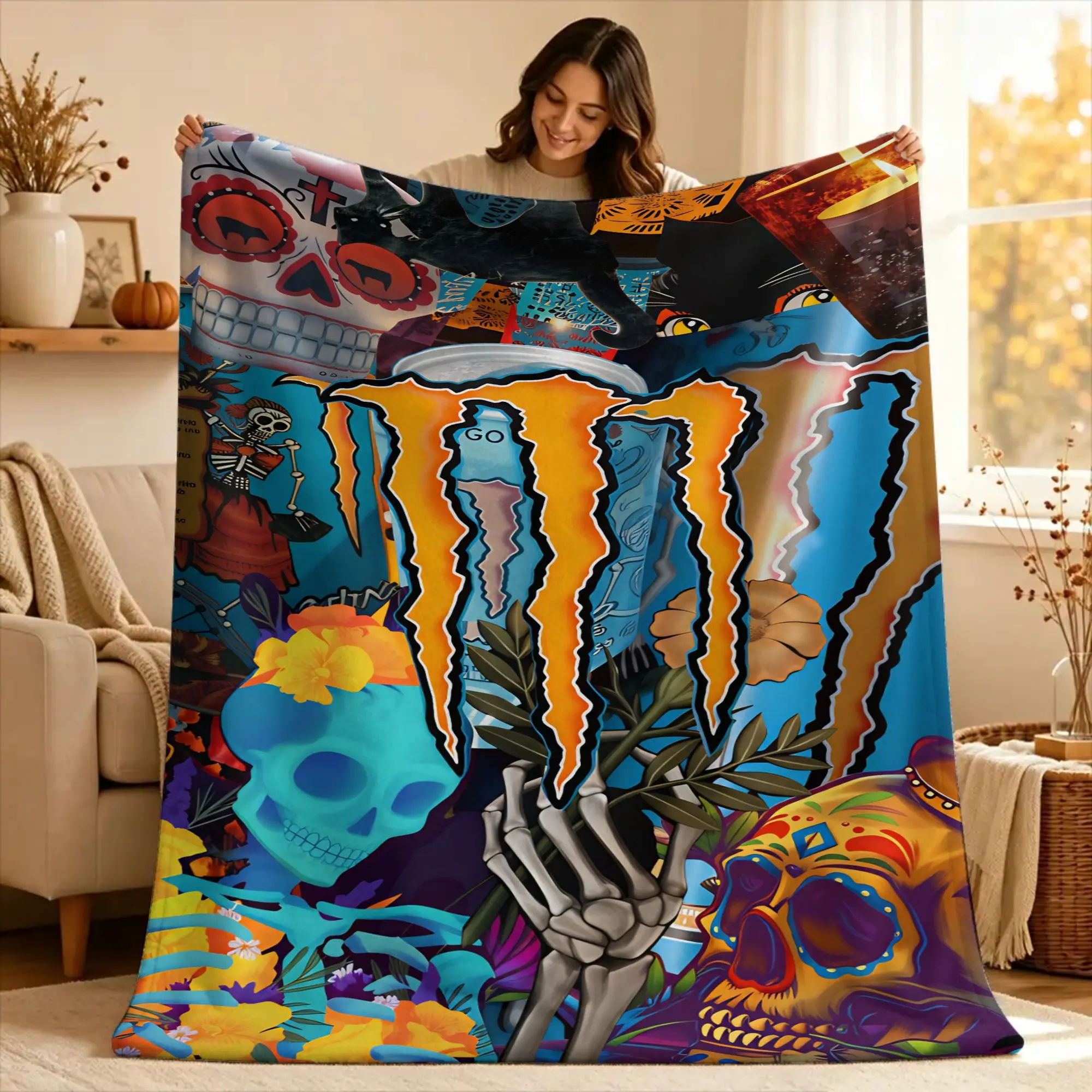 M-Monsters Drink-Racing E-Energy Blanket  Funny Plush Throw Blanket For Couch Chair Sofa Bed Travel Flannel Bedspread Bed Cover