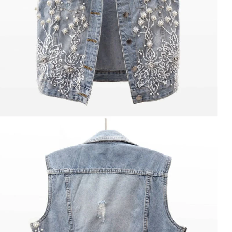 Women Denim Vest 2024 Pearls Fashion Ripped Autumn Jeans Jacket Sleeveless Loose Short Coat Causal Waistcoats Outwear Tops