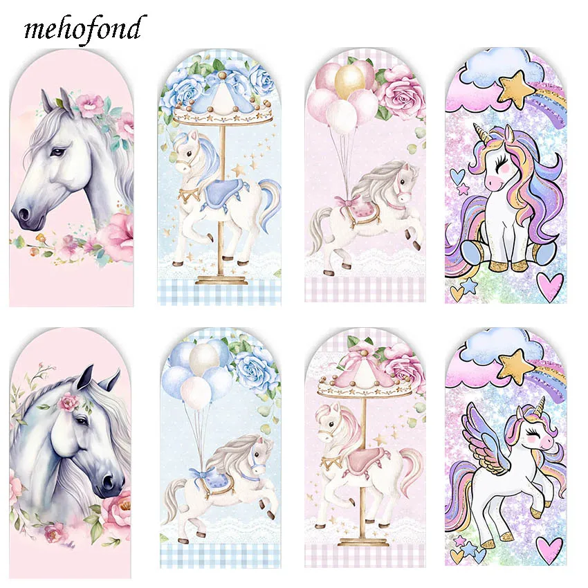 Mehofond Custom 2-Sided Carousel Rainbow Unicorn Birthday Party Baby Shower Covers Chiara Arch Background Decor Backdrop Photo