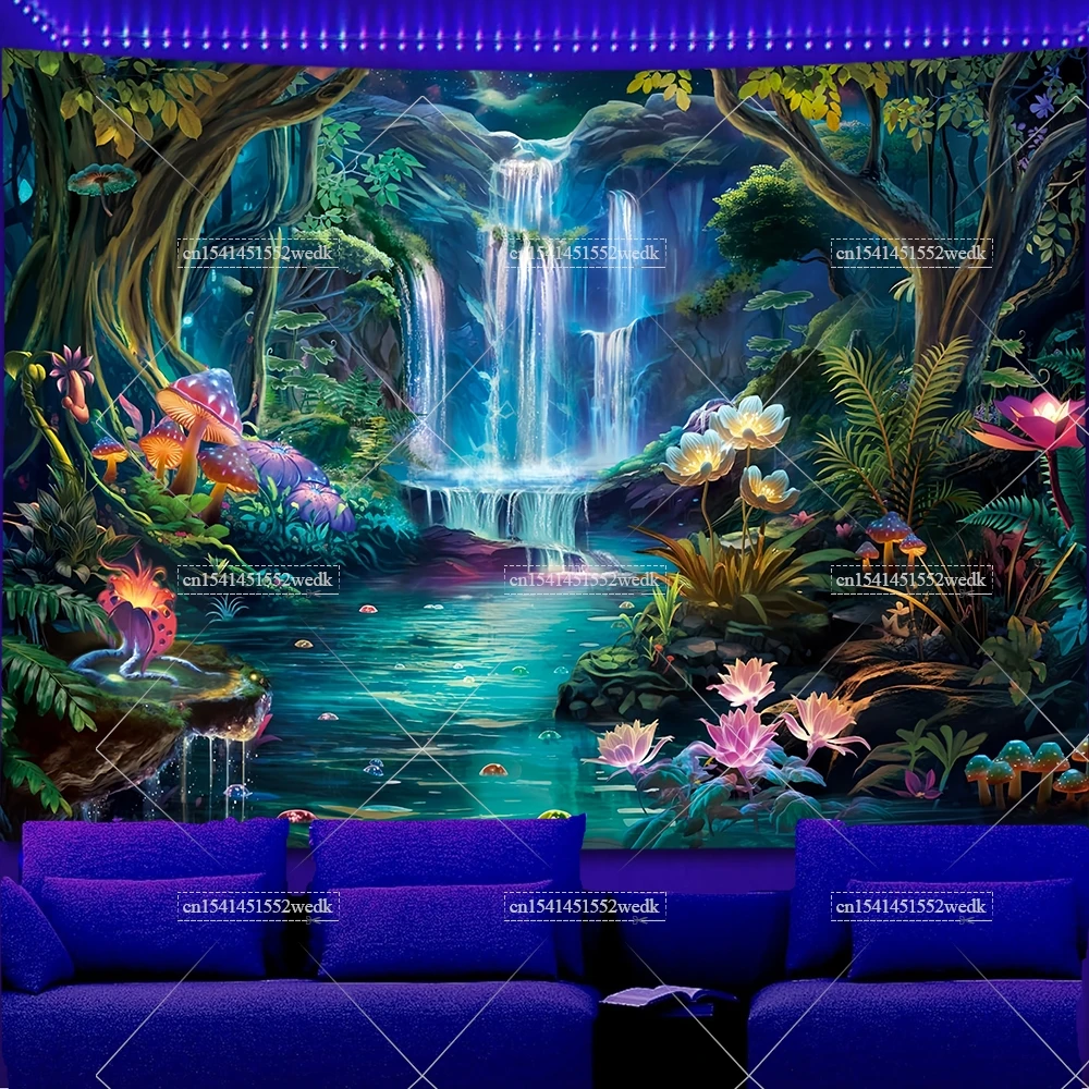 Blacklight Fantasy Forest Wandteppich UV-reaktive Wasserfall Glow Wandteppiche Baum Wandteppich Ästhetische Neon Landschaft Wandteppiche