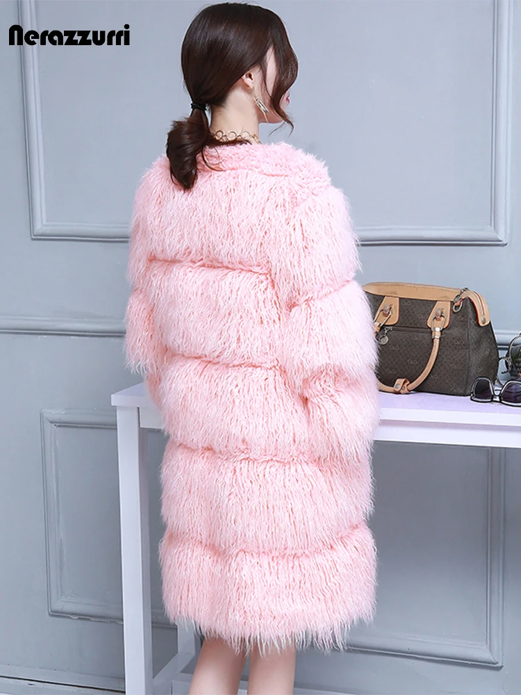 Nerazzurri Winter Long Pink Cute Thick Warm Faux Fur Coat Women Hairy Striped Fluffy Jacket 2021 Designer Stylish Korean Fashion