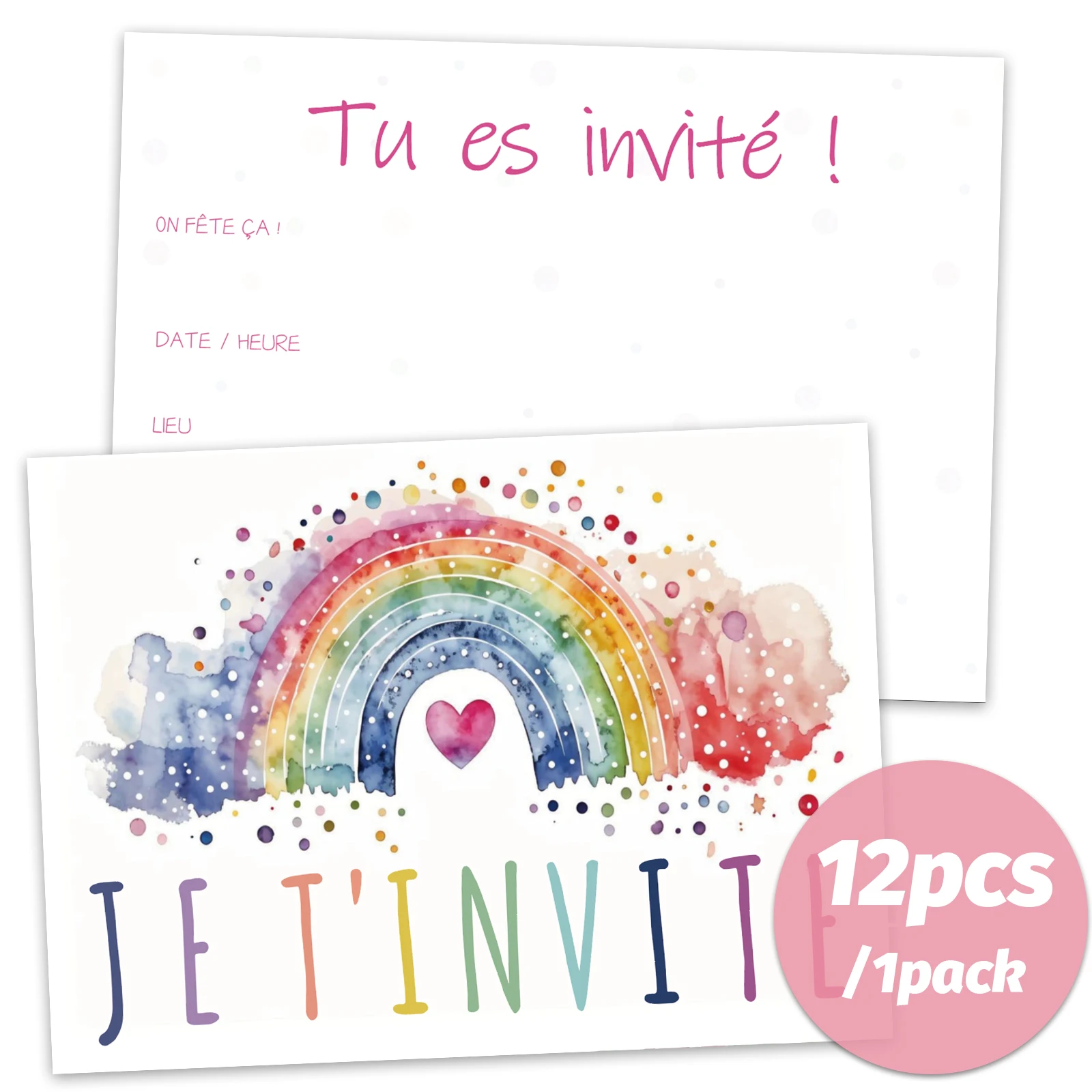 12 Stück Regenbogen-Geburtstagseinladungskarten im Aquarell-Stil – Party-Einladungskarte für den Schulanfang, bevorzugte Farbe, Herz-Design