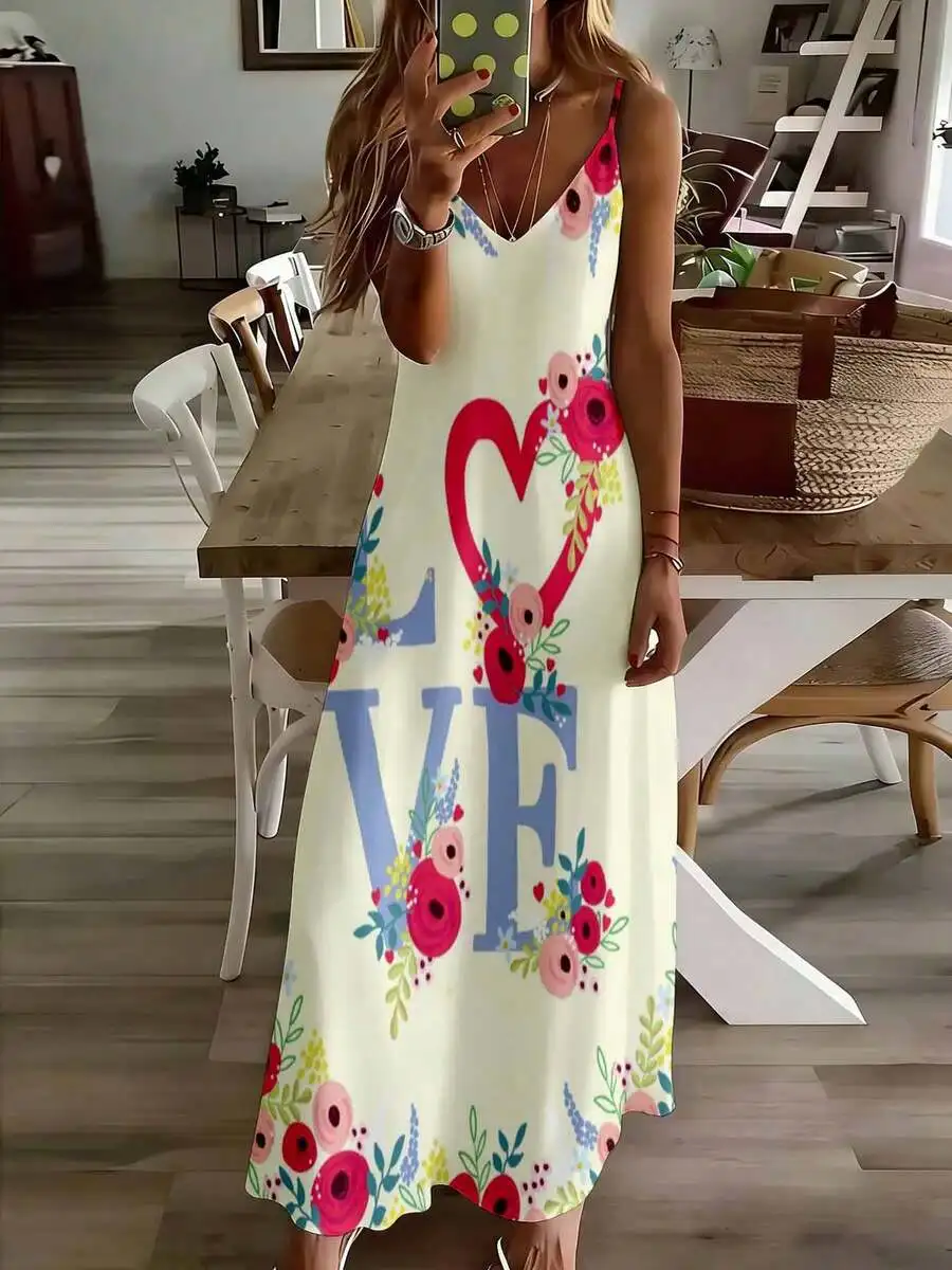 

Love Heart Floral Print Sleeveless Dress For Women Summer Casual Leisure Dress