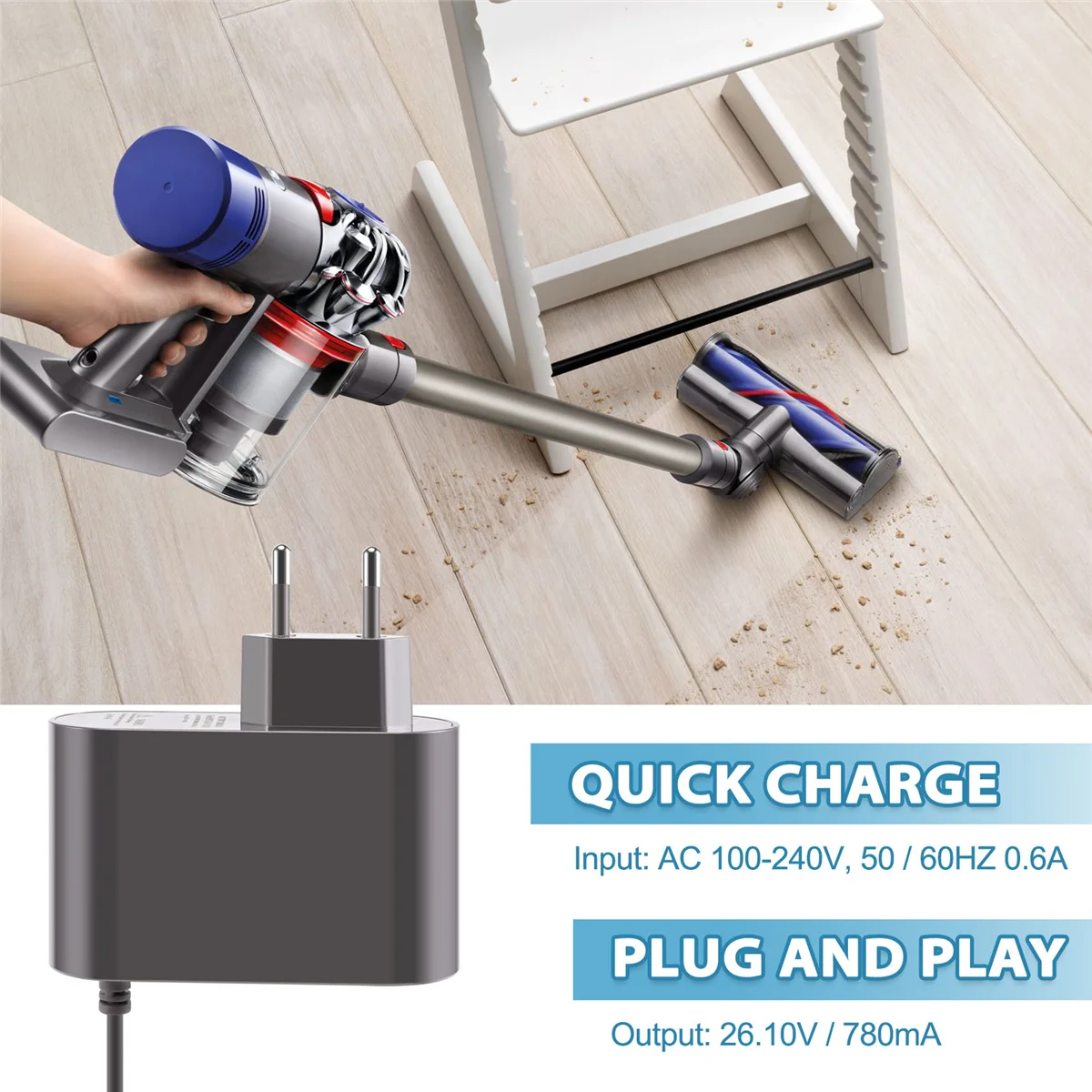 Зарядное устройство A66T 26,1 В для пылесоса Dyson V6 V7 V8 SV03 SV04 SV05 SV06 SV07, DC59 DC58 DC62 DC60 DC61 DC72 DC74 с вилкой европейского стандарта