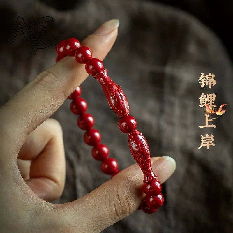 Women's Red Cinnabar Bead Pisces Bracelet Hand Knitting Genuine Natural Bangle  Accessory Fashion Gift Jewelry Energy Healing