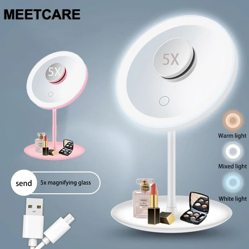 

LED Makeup Mirror ﻿Detachable 3 Colors Adjustable With 1Pcs 5X Magnifying Glass USB Vanity Mirror Storage Desktop Rotating Bas