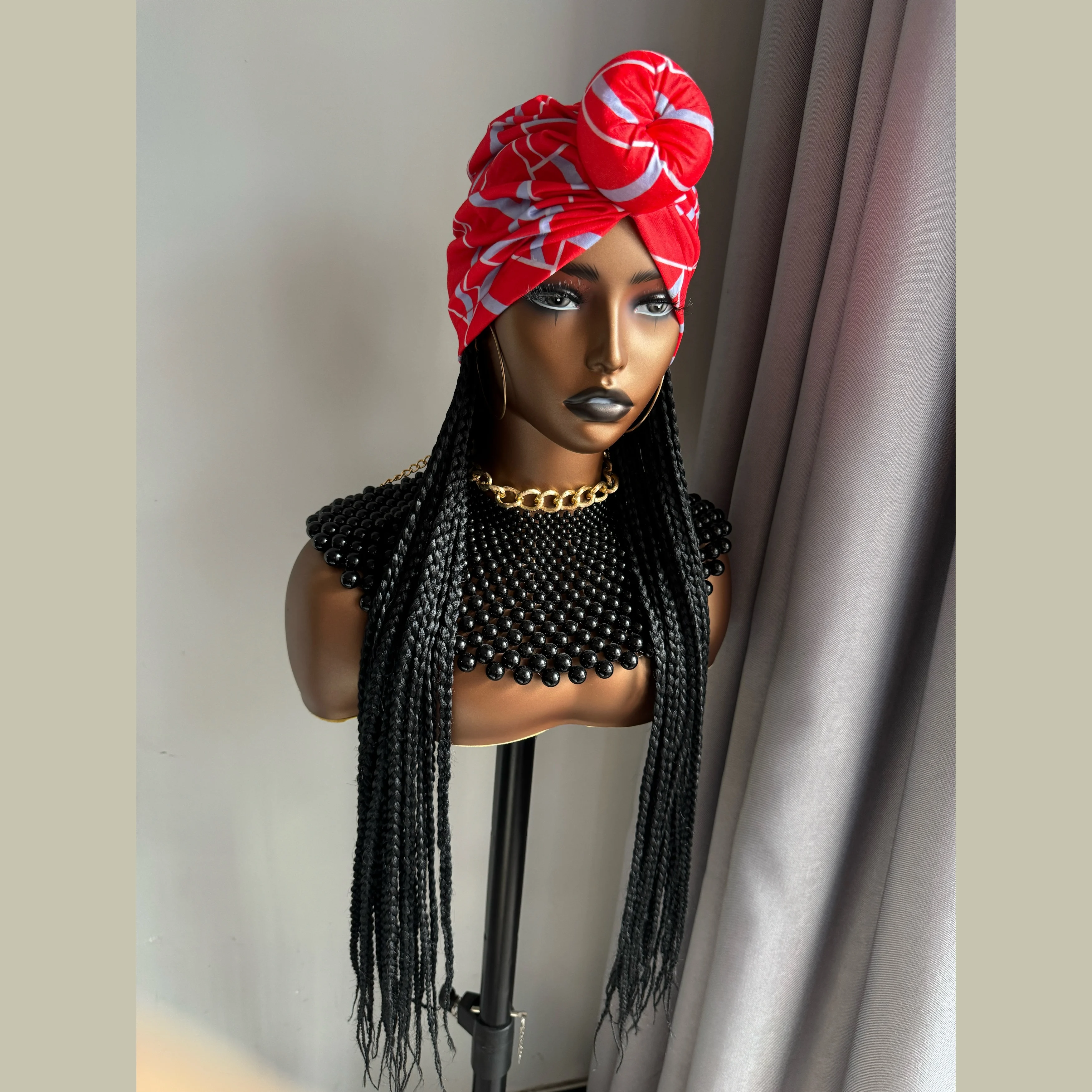 WIGERA Long 24“ Black Box Braided Synthetic Wig With Headband Turban Hat Box Braiding Hair Extensions Head Scarf  Wigs For Women