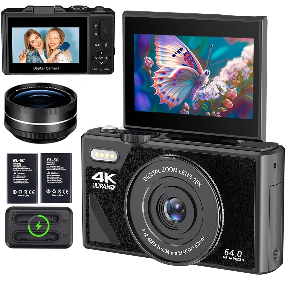 كاميرا تصوير رقمية مدمجة 64 ميجابكسل 4K 18X تكبير رقمي عتيق مسجل فيديو مدونة فيديو يوتيوب 3 بوصة كاميرا ويب ذات شاشة قابلة للطي