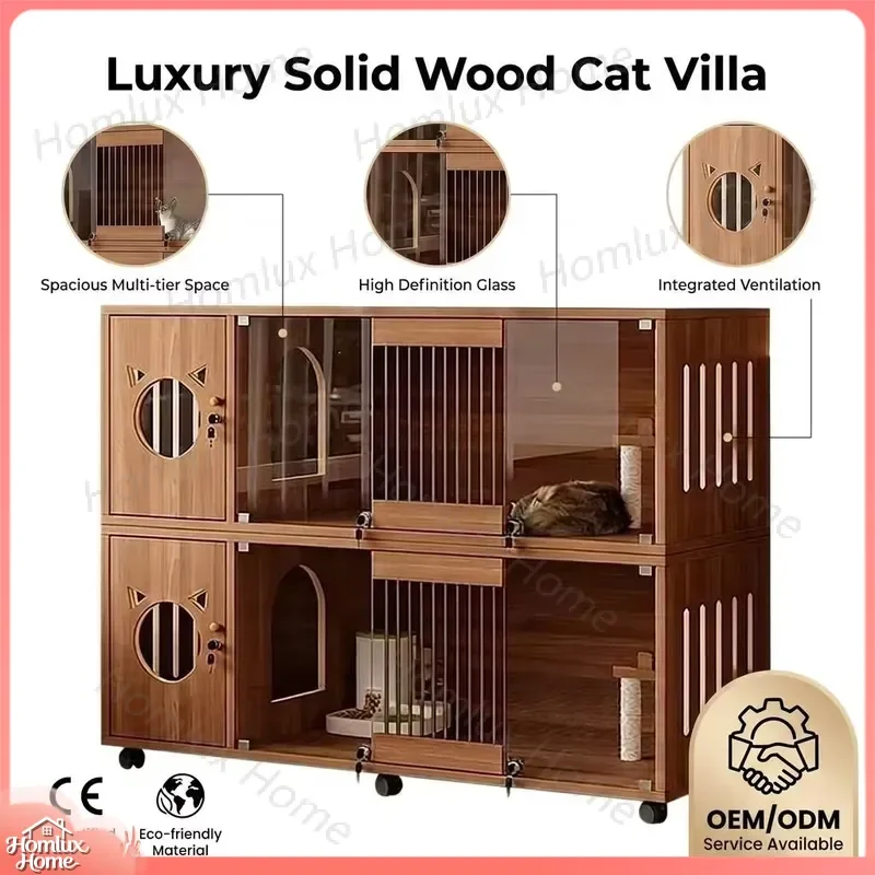 Luxury Multi Layer Solid Wood Cat Cage Large Indoor Cat Villa with Litter Box Integrated Pet House Furniture for Cats Kittens