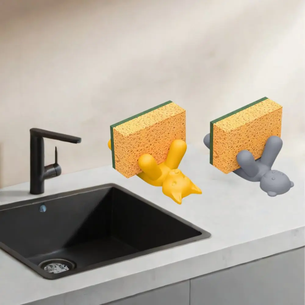 

2Pcs Silicone Sponge Drain Rack Cat Bear Shape Space Saving Dishwashing Brush Storage Rack Movable Cartoon Stand-up