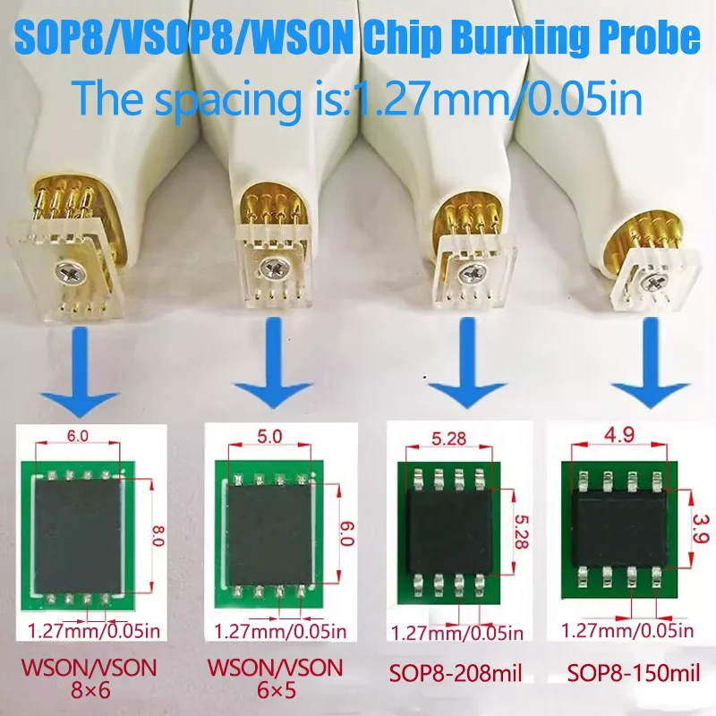 4Pcs SOP8/SOIC/WSON8/QDFN8 Chip Download Burn Read Write Probe Spring Needle Flash Chip Burner With Cable Spacing