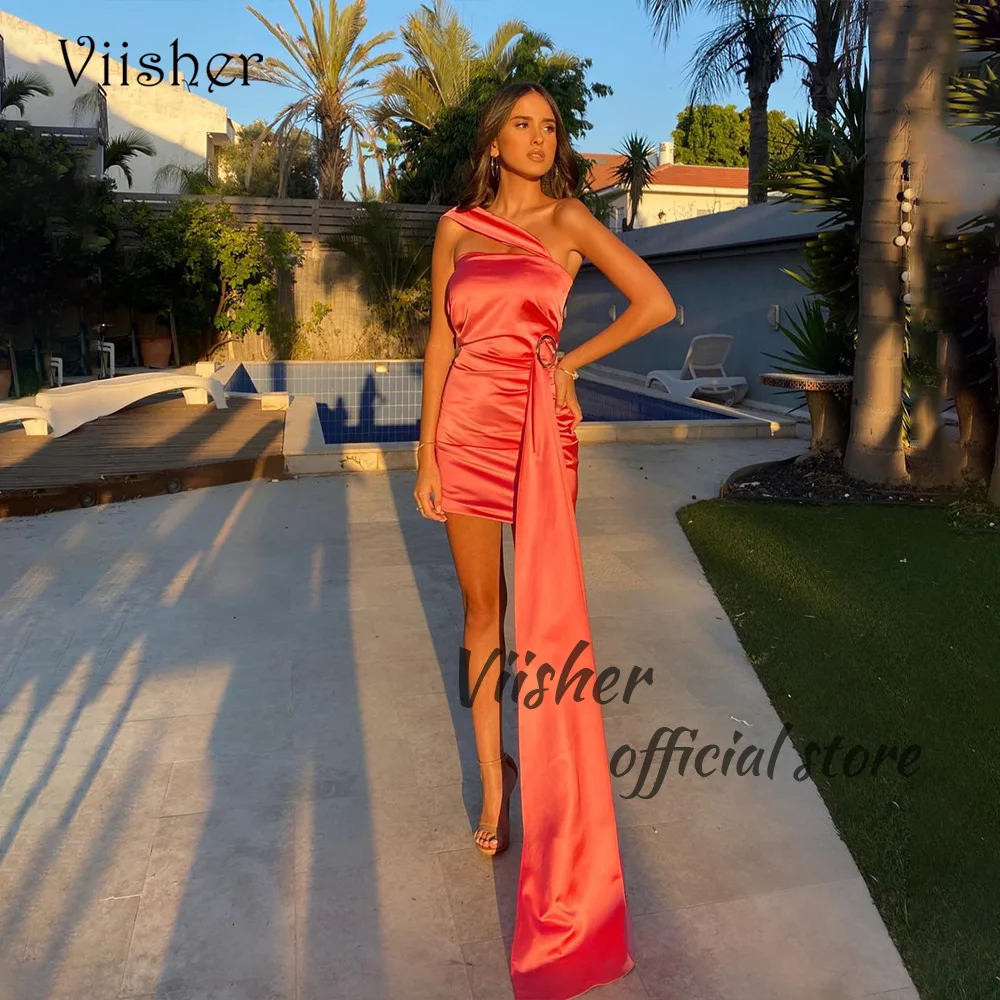 

Viisher Coral Satin Short Cocktail Prom Dresses with Train One Shoulder Tight Evening Party Dress Women Night Club Wear