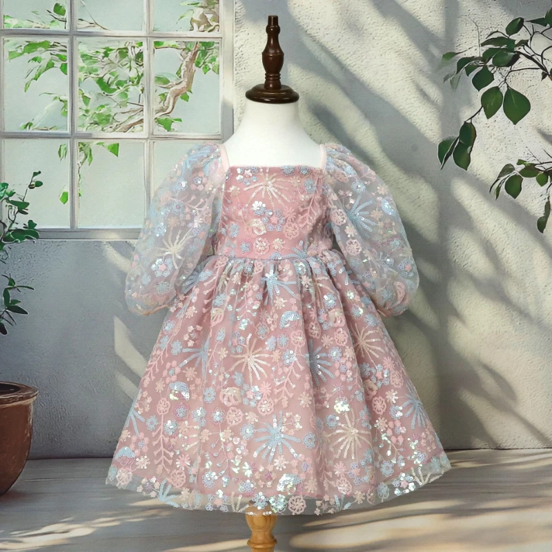 

Girls Sequin Evening Dress New Bubble Sleeve Pageant Gown Children Birthday Party Performance Dress for Host Flower Girl Costume
