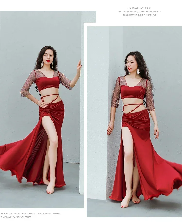 Women Belly Dance Costume Girls Outfit Group Costume Transparent Sleeves Sexy Net Ruffle Long Skirts 2 PCS Set for Performance