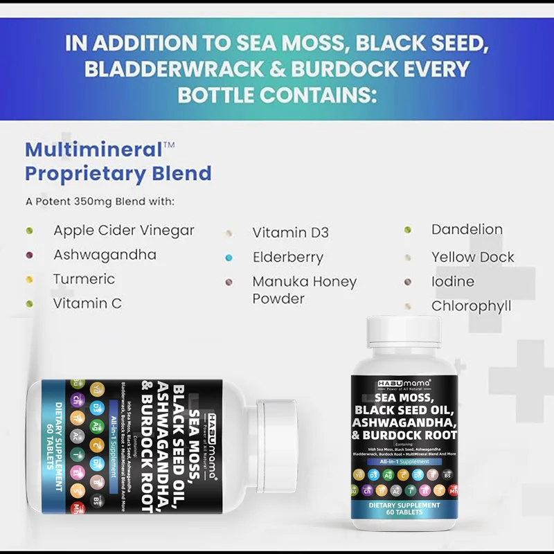 Sea Moss Black Seed Oil 2000mg Ashwagandha 1000mg Turmeric 1000mg Bladderwrack 1000mg Burdock & Vitamin C & D3 Men Supplement