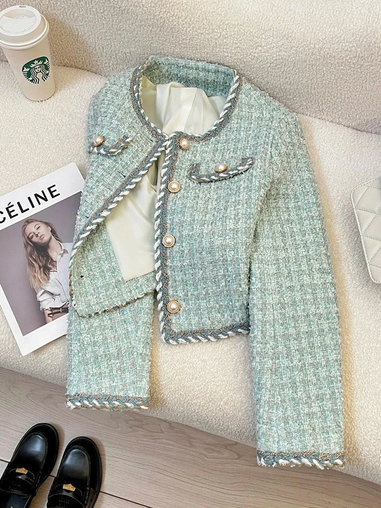 

Vintage Tweed Women Korean Elegant Hepburn Style O Neck Coats Y2k Autumn Office Lady All Match Crop Outwear New