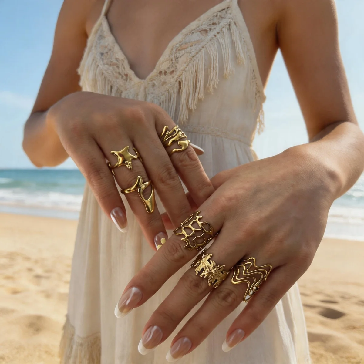 Edelstahlringe mit unregelmäßigen Wellen, Korallen, Seesternen und Blumen für Damen und Herren, Retro-Punk, florale Blätter, geometrische Linien, Boho-Schmuck – Detail 10