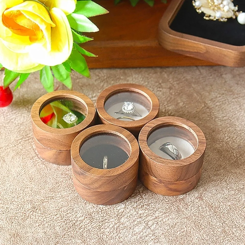 1/2 Slots Walnut Wood Rings Holder Round Wedding Transparent Lid Rings Box Anti-collision Luxury Jewelry Organizer Couple