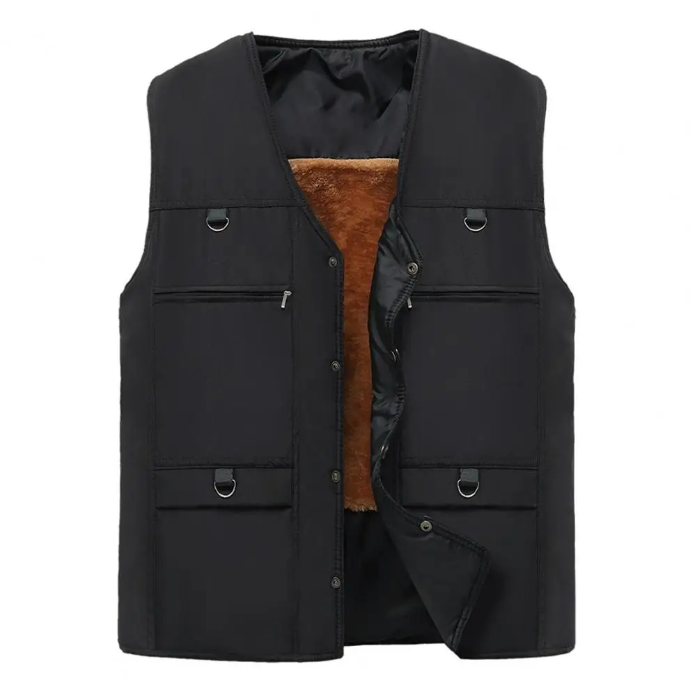 

Men Vest Mid-aged Father Fishing Waistcoat Thick Plush V Neck Vest with Multi Pockets Coat Winter