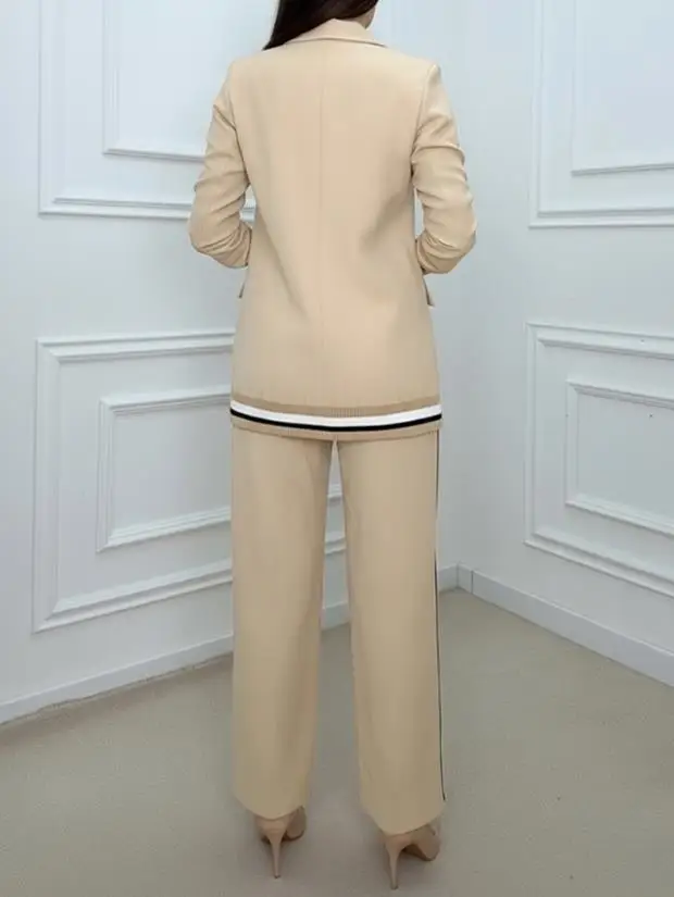 

Two Piece Set Women Outfit New Notched Collar Flap Detail Blazer & Elastic Waist Contrast Striped Casual Wide Leg Pants Set