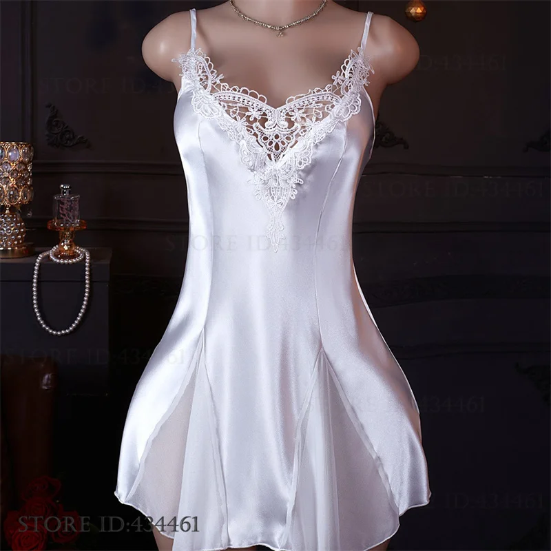 

Female Nightgown Sexy Intimate Lingerie Patchwork Mesh Lace Chemise Sleepwear Nightdress Summer New Ice Silk Homewear Loungewear