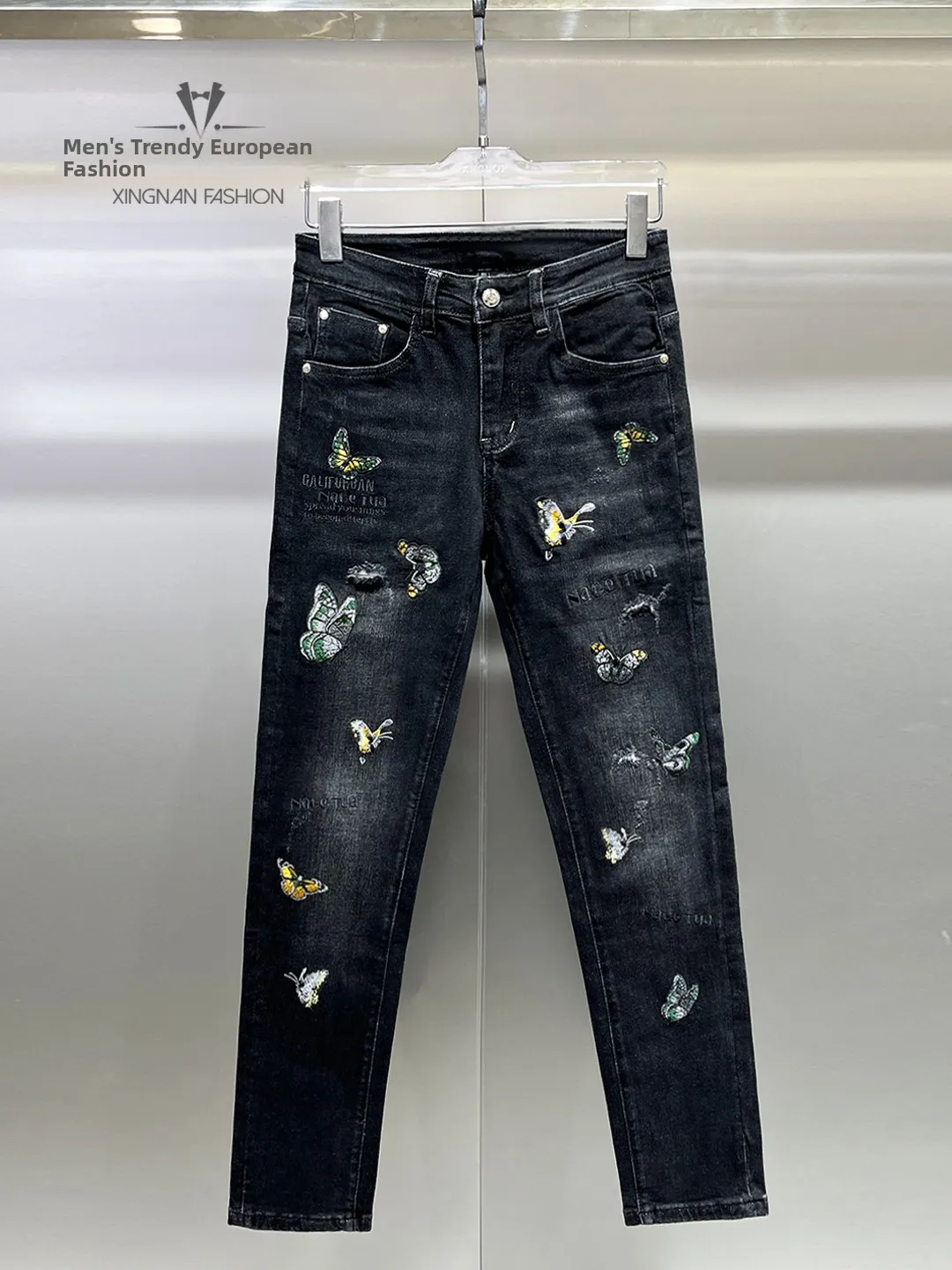 

Faionable Embroidered Slim Fit Jeans Men's Casual Waed Long Pants Sli Haome Small Footed Trousers
