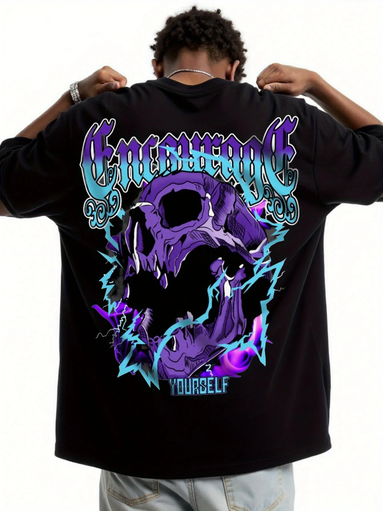 

Unisex Oversized Black Sweatshirt with Purple Skull and Lightning Print Crewmore Yourself Design Perfect for Street Style