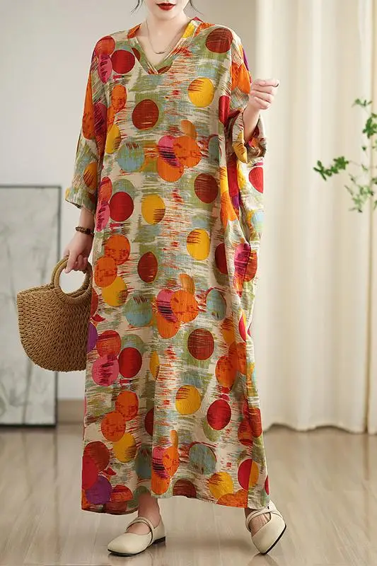 Primavera/verão novo feminino colorido estilo de férias viagem com decote em v retro vestido longo solto casual algodão cânhamo manga longa vestido a370