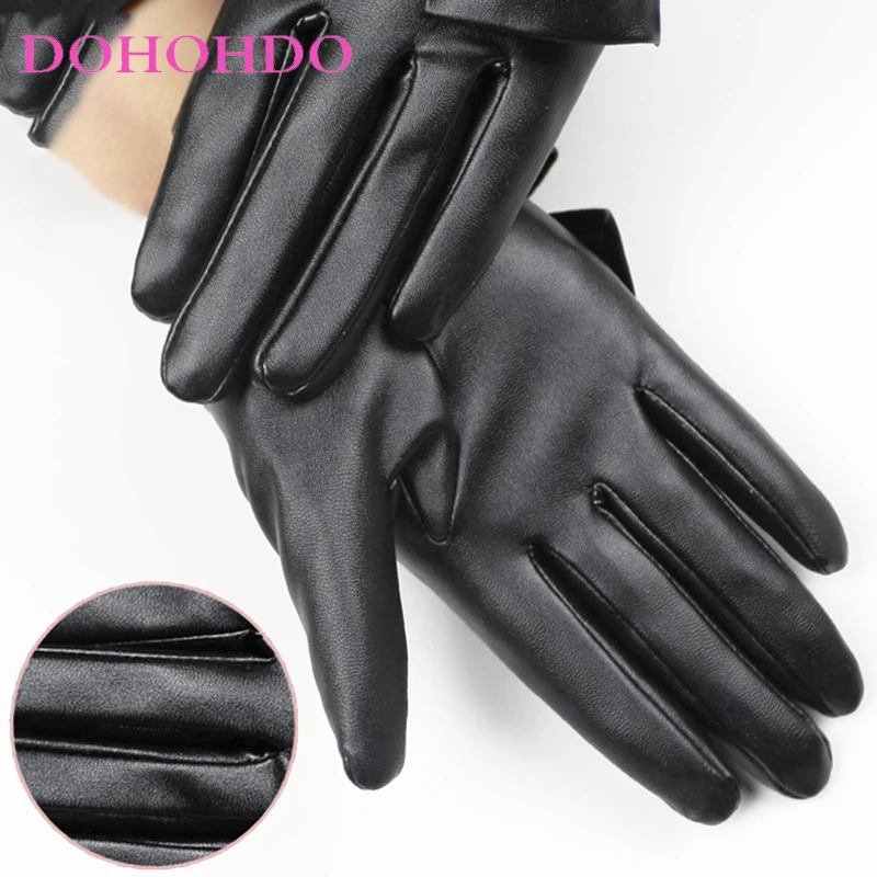برشام قفازات جلدية سوداء القوس الكبير تصميم السيدات دراجة نارية قفازات موضة بولي PU فو الجلود في الهواء الطلق قفازات كاملة الأصابع دائم