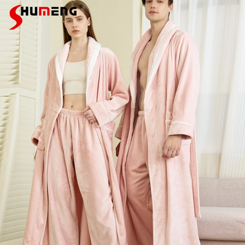 

Couples Warm Thickened Autumn Winter Pajamas Long Nightgown Pants Set for Men and Women Japanese Style Fleece Bathrobe