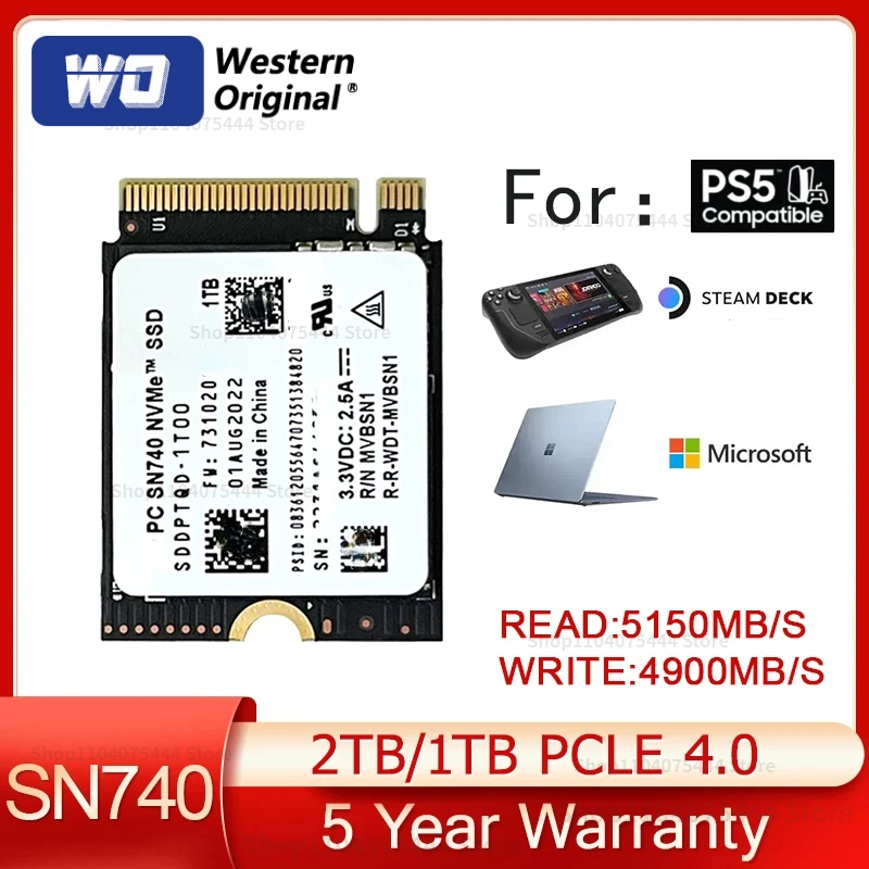웨스턴 오리지널 2230 NVMe PCIe Gen 4x4 SSD, 마이크로소프트 서피스 프로 X 서피스 노트북 3 스팀 데크용, SN740, 2TB, 1TB, 512GB, M.2 SSD