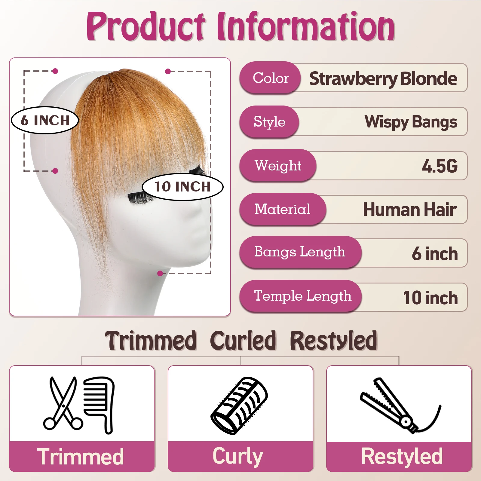 100% Human Hair Extensions Clip in Bangs for women Fringe with Temples Hairpieces Natural Looking Strawberry Blonde Wispy Bangs