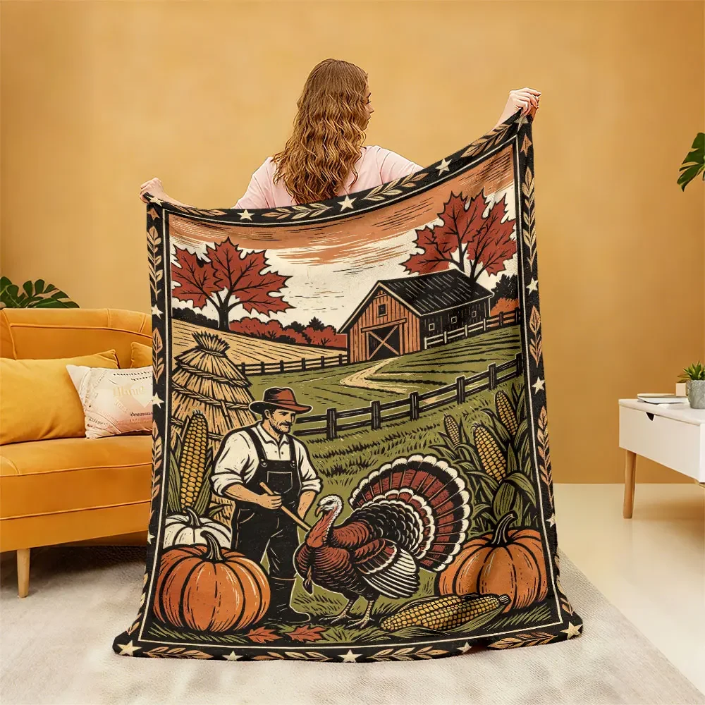 Autumn Harvest Farm Life Fall Decor Throw Blanket Rustic Pumpkin Turkey Corn Season Cozy Home Accent