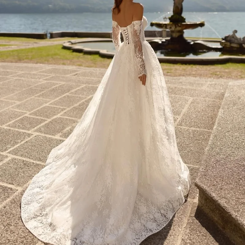 Simple ivory white Wedding Dresses flower decal off-shoulder A skirt long sleeves Gowns Made  wedding dress Bridal Gown