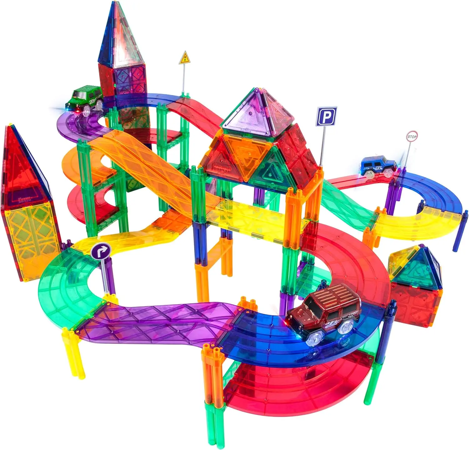 128 Stück magnetische Rennwagen-Schiene + 3 LED-beleuchtete LKW-Autos + 6 Stück Erweiterungsrampen-Fliesen Mega-Bundle: STEAM Learning, Enhance Constr