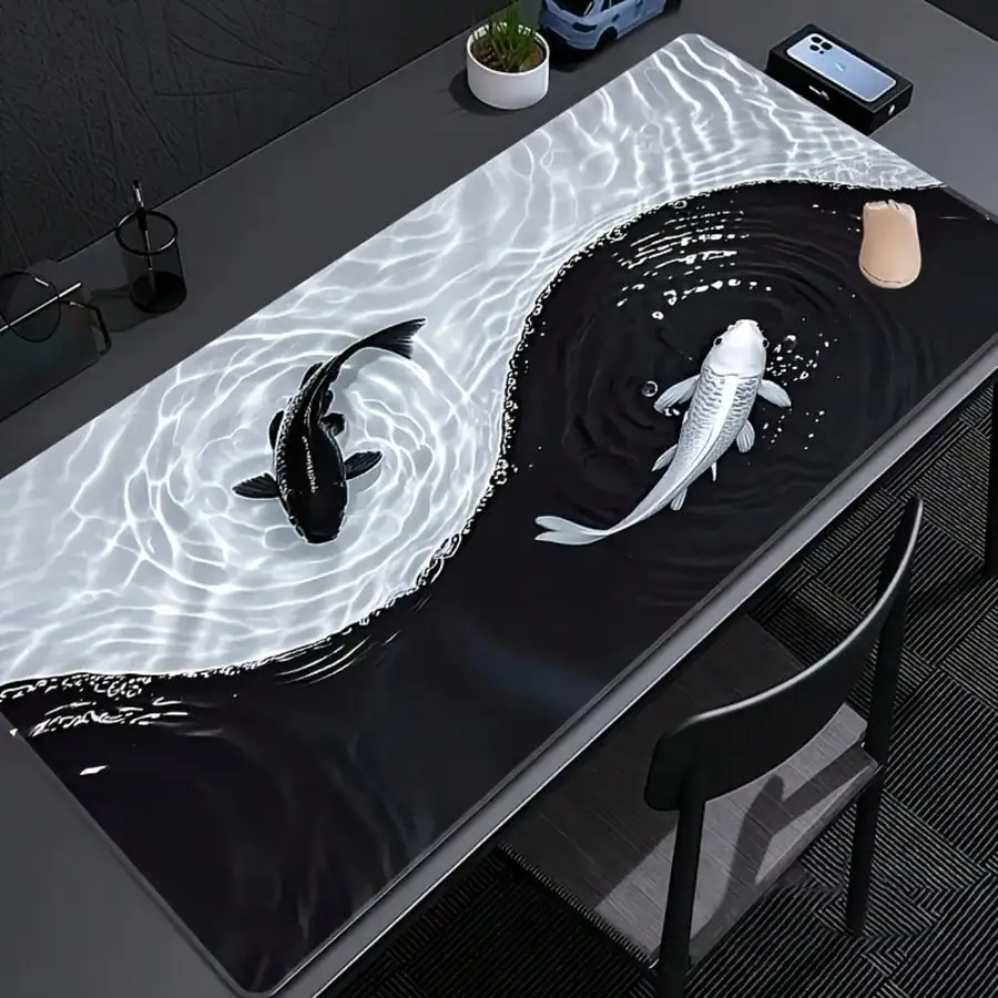 Taiji Koi Fish Gaming Mouse Pad, Rubber Base, Precision Stitched Edges, Waterproof Rectangular Desk Mat, Suitable For Office And Gaming Desk, Office Supplies