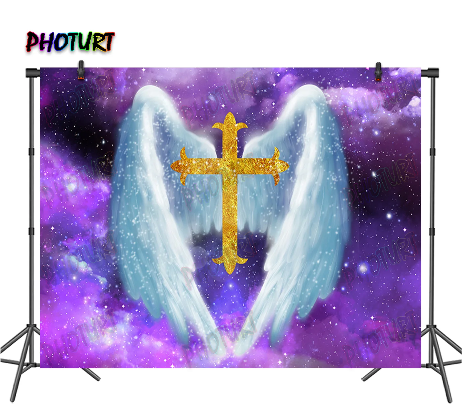 

PHOTURT Angel Wing Baby Baptism Backdrop 1st Birthday Background Golden Cross Vinyl Polyester Photography Decoration Props