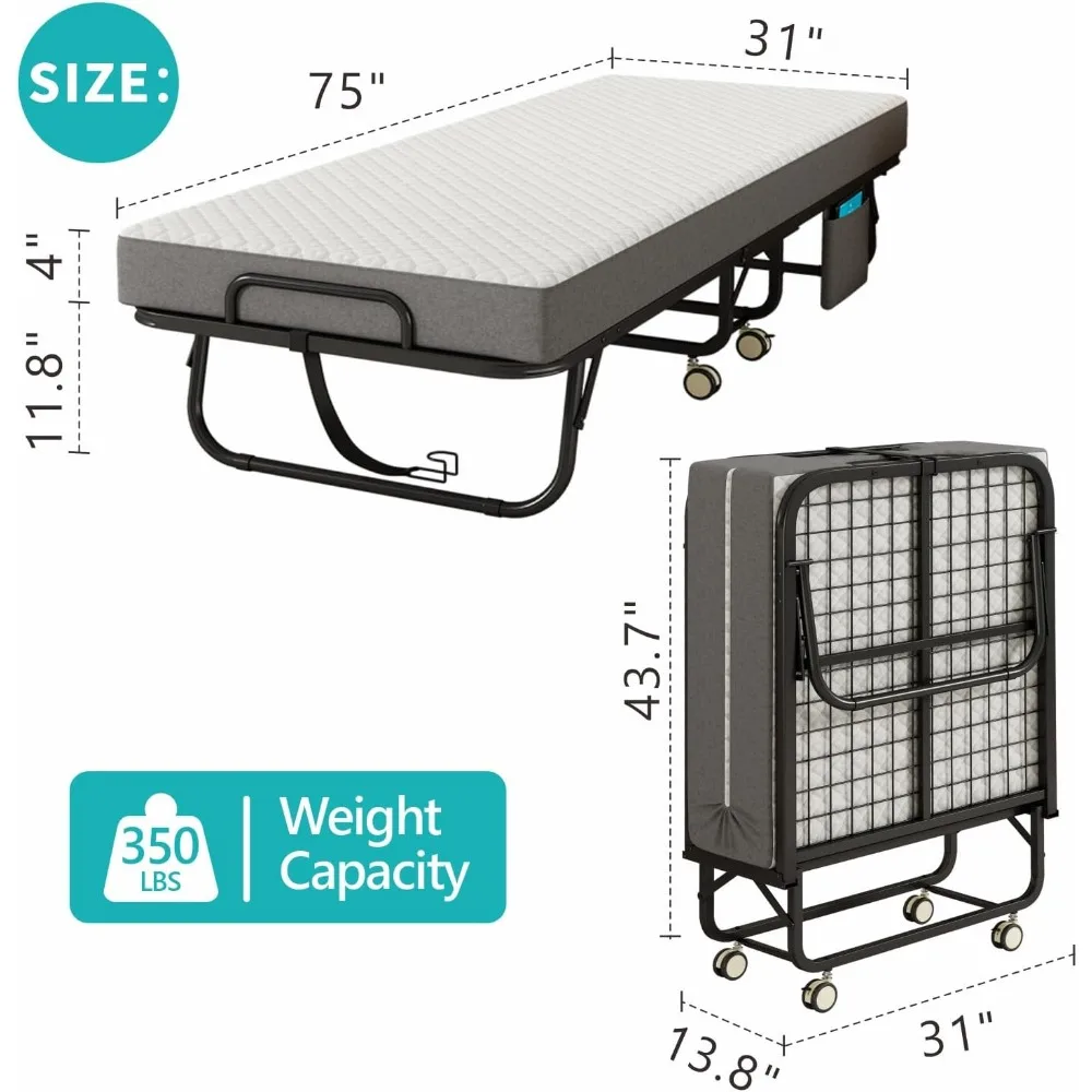 سرير قابل للطي مع مرتبة للبالغين، سرير قابل للطي بحجم سرير محمول مقاس 75 × 31، سرير ضيوف قابل للطي بإطار معدني مع إسفنج ميموري ما