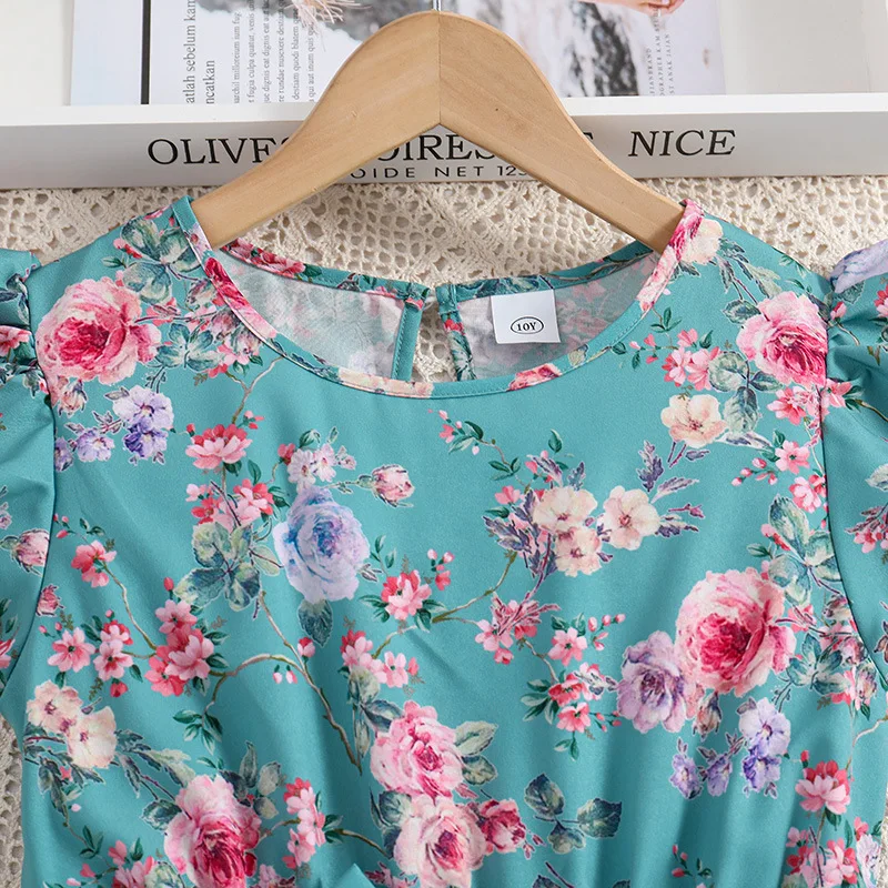 Kids Casual Dress for Girls Clothes Summer New Children Fashion Floral Print Blue A-line Princess Dress with Belt 7-14Y