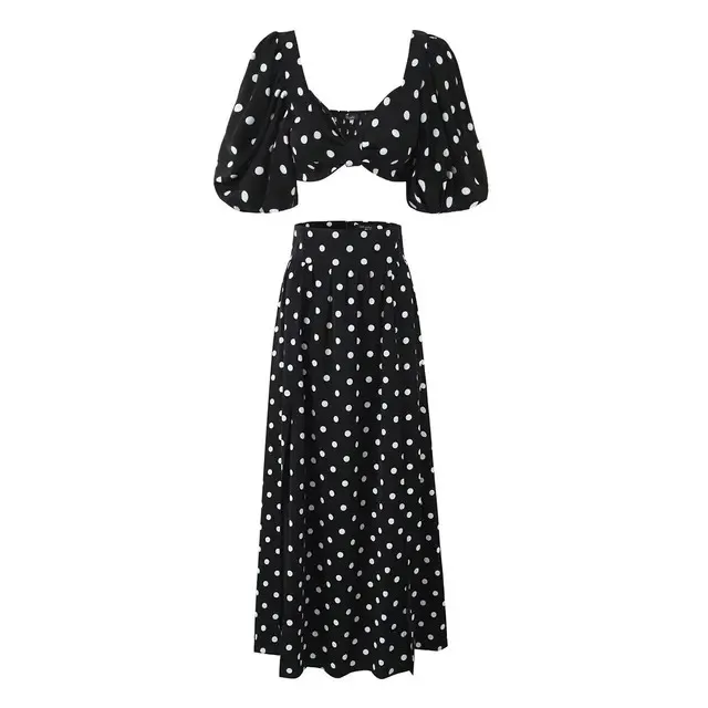 

New 2024 Female Spring Polka Dots Printed Cropped Short Sleeves Square Neck Top Slit High Waist Chic Skirt Vintage Suit