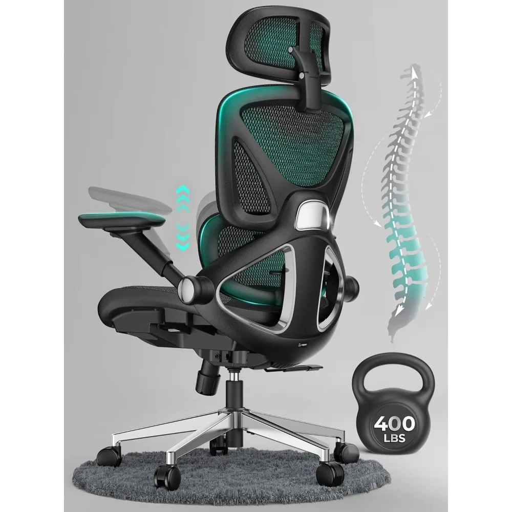 Mesh Office Chair, Adjustable Lumbar High Back Desk Chair 400lbs, 4D Flip-up Arms, 3-Level Tilt Backrest, 3D Headrest, PU Wheels