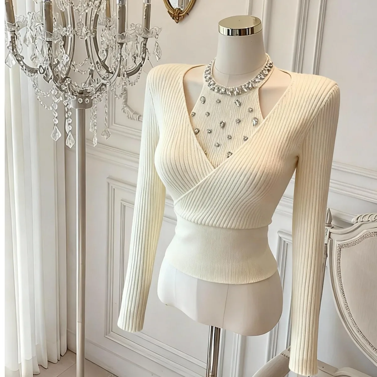 Women's Knitted Long Sleeve Top Glittering Starlight Fashionable Slimming Versatile  Knot Casual Style Winter New Ar...